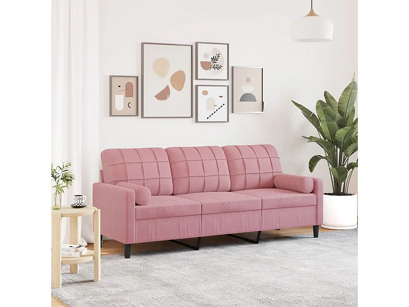 Sofá 3 lugares c/ almofadas decorativas 180 cm veludo rosa