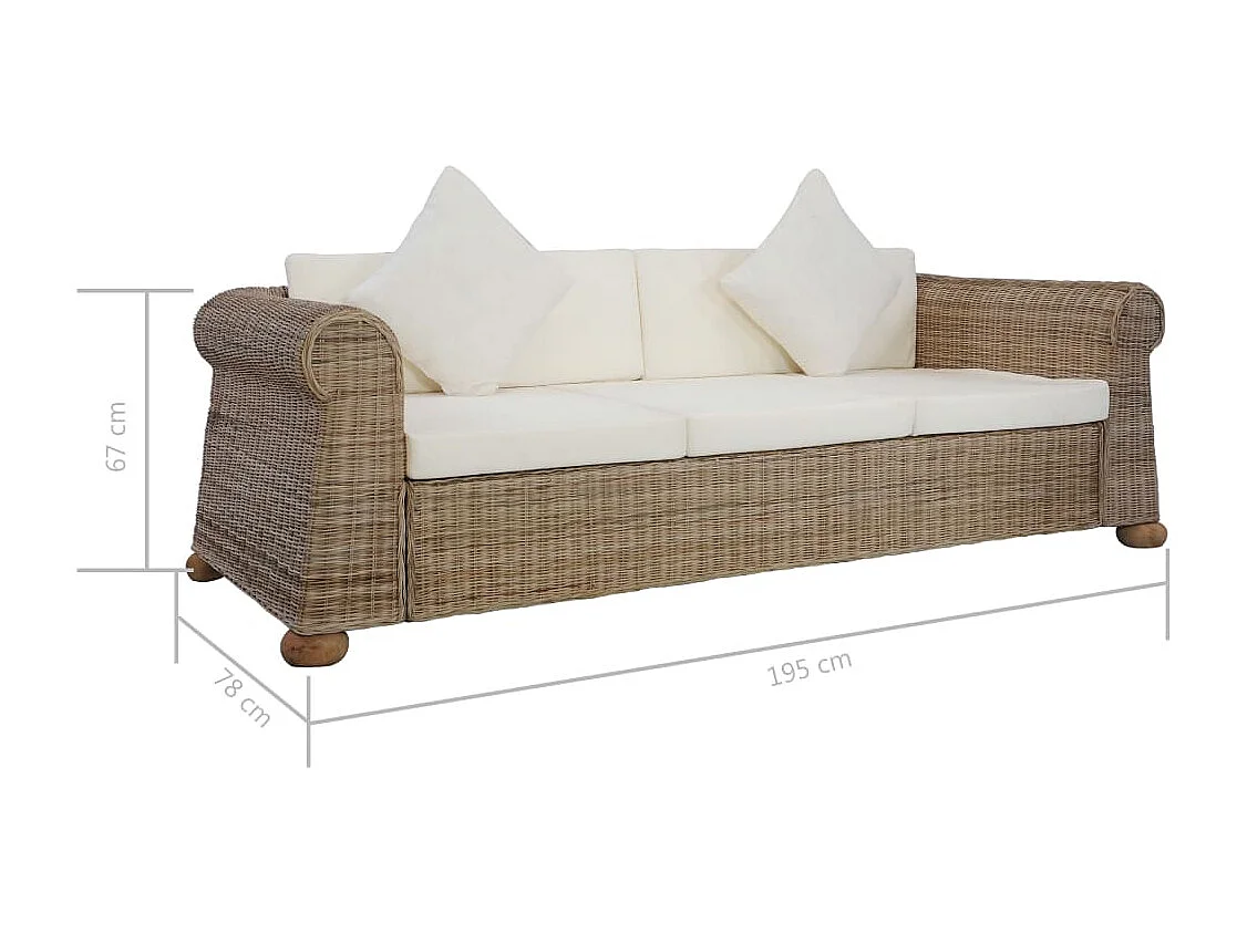 Canapé à 3 places avec coussins Rotin naturel