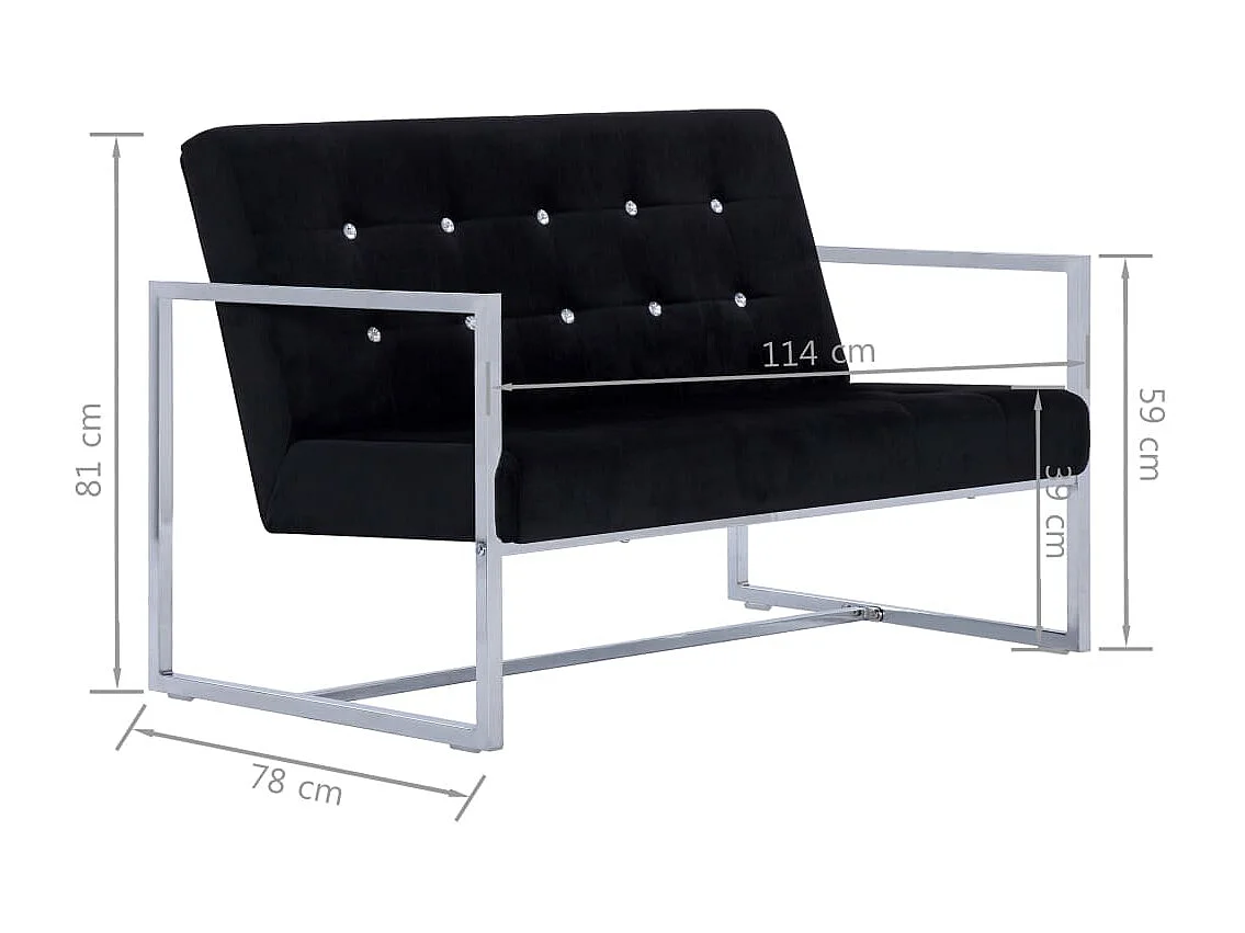 Tweezitsbank met armleuningen chroom en fluweel zwart
