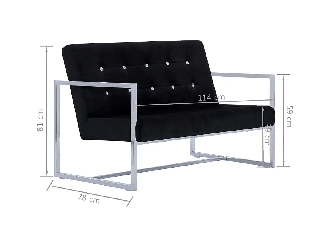 Canapé 2 places avec accoudoirs Noir Chrome et velours