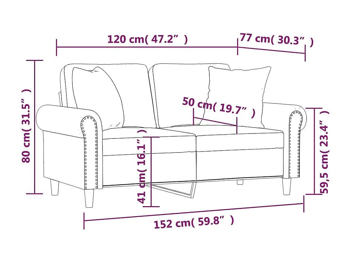 Canapé 2 places oreillers et coussins Gris clair 120 cm Velours