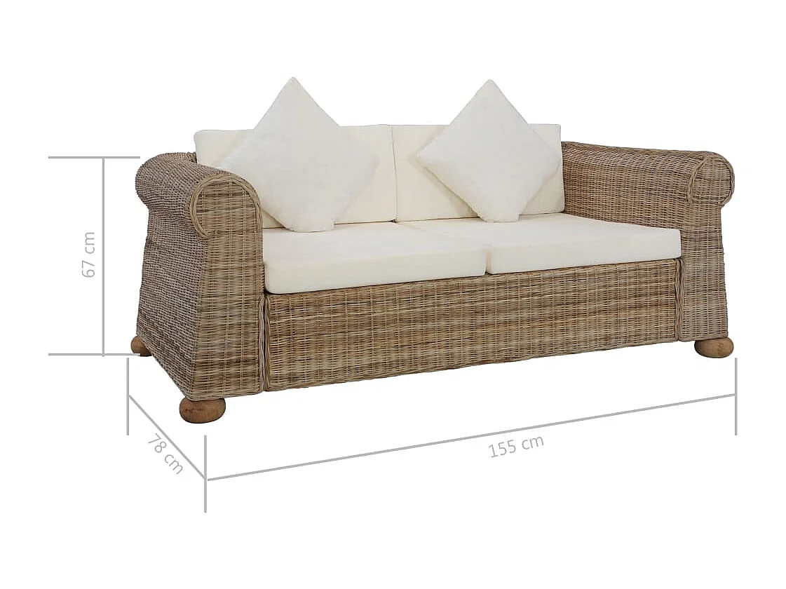 Tweezitsbank met kussens natuurlijk rattan