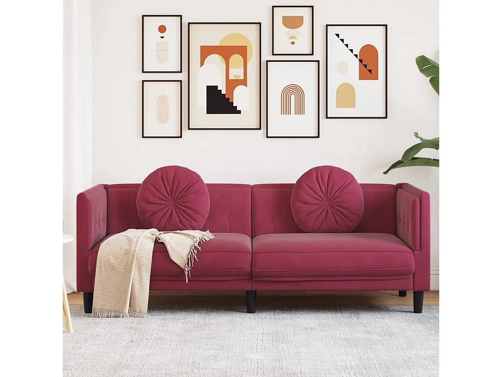 Bank met kussens 3-zits fluweel wijnrood