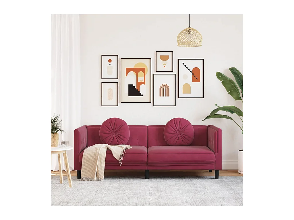 Canapé avec coussins 3 places rouge bordeaux velours