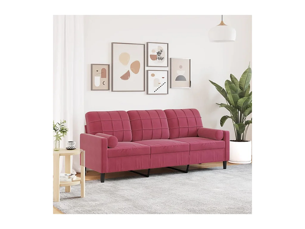 Canapé 3 places avec oreillers bordeaux 180 cm velours
