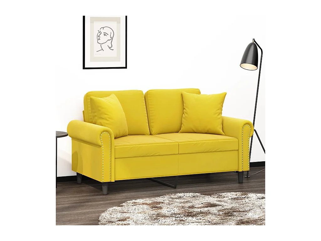 Canapé 2 places avec oreillers décoratifs jaune 120 cm velours