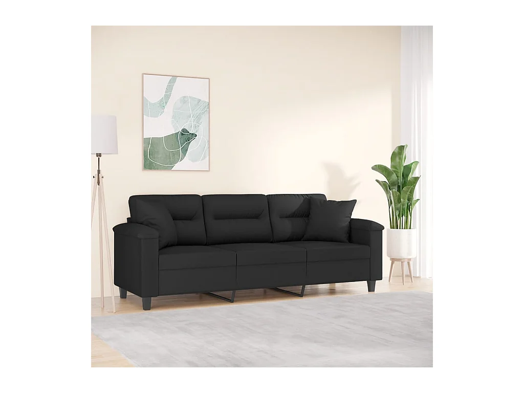 Canapé 3 places avec oreillers noir 180 cm tissu microfibre