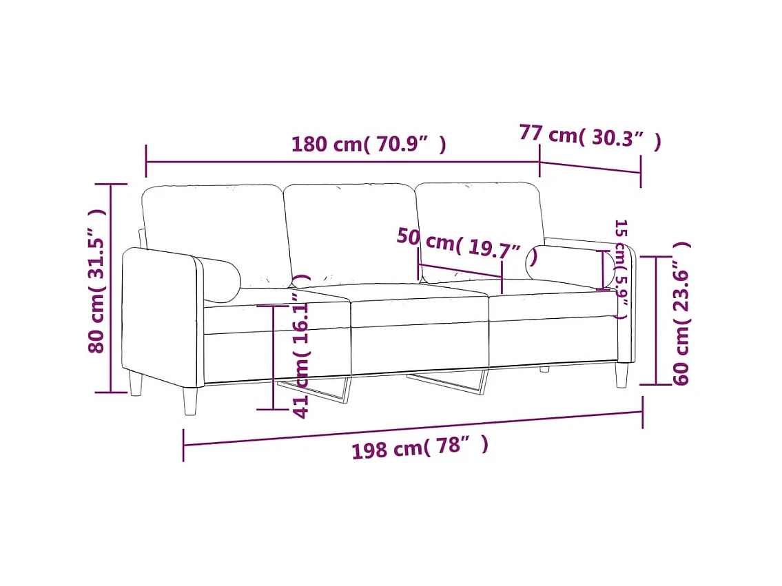 Canapé 3 places avec oreillers bordeaux 180 cm velours