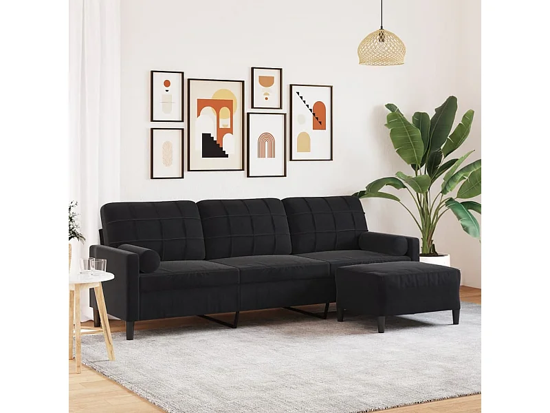 Sofá de 3 plazas con taburete de terciopelo negro 210 cm