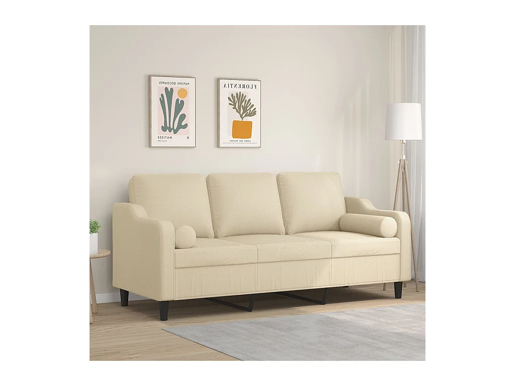 Canapé 3 places avec oreillers décoratifs crème 180 cm tissu