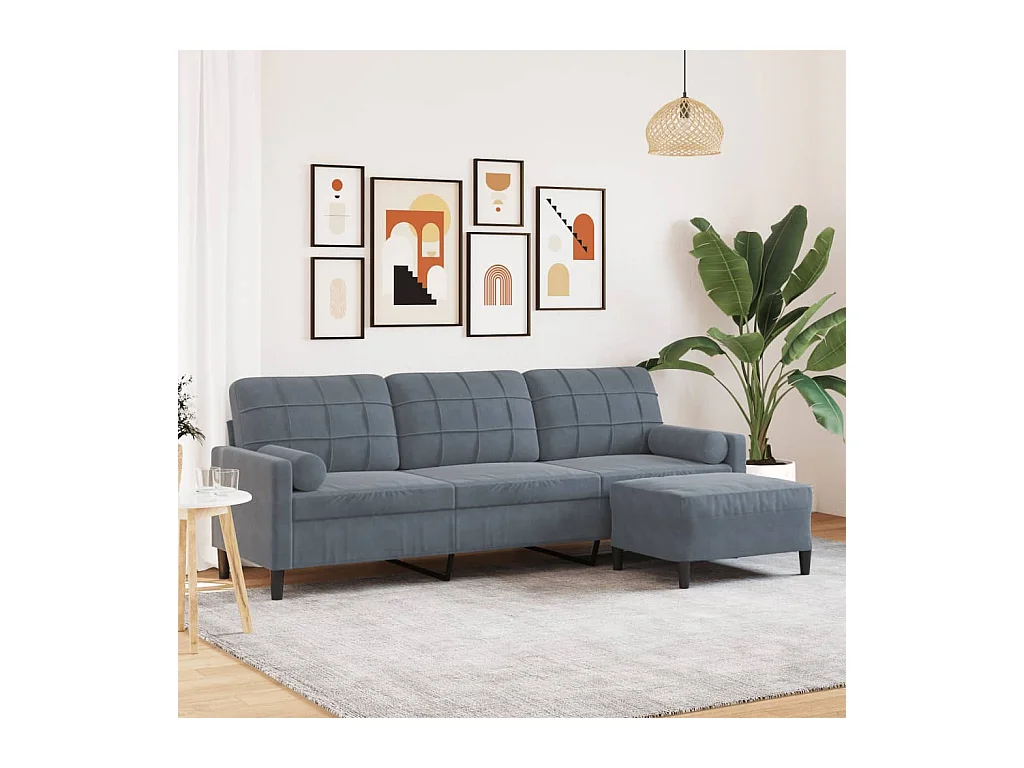 Sofá de 3 plazas con taburete de terciopelo gris oscuro 210 cm