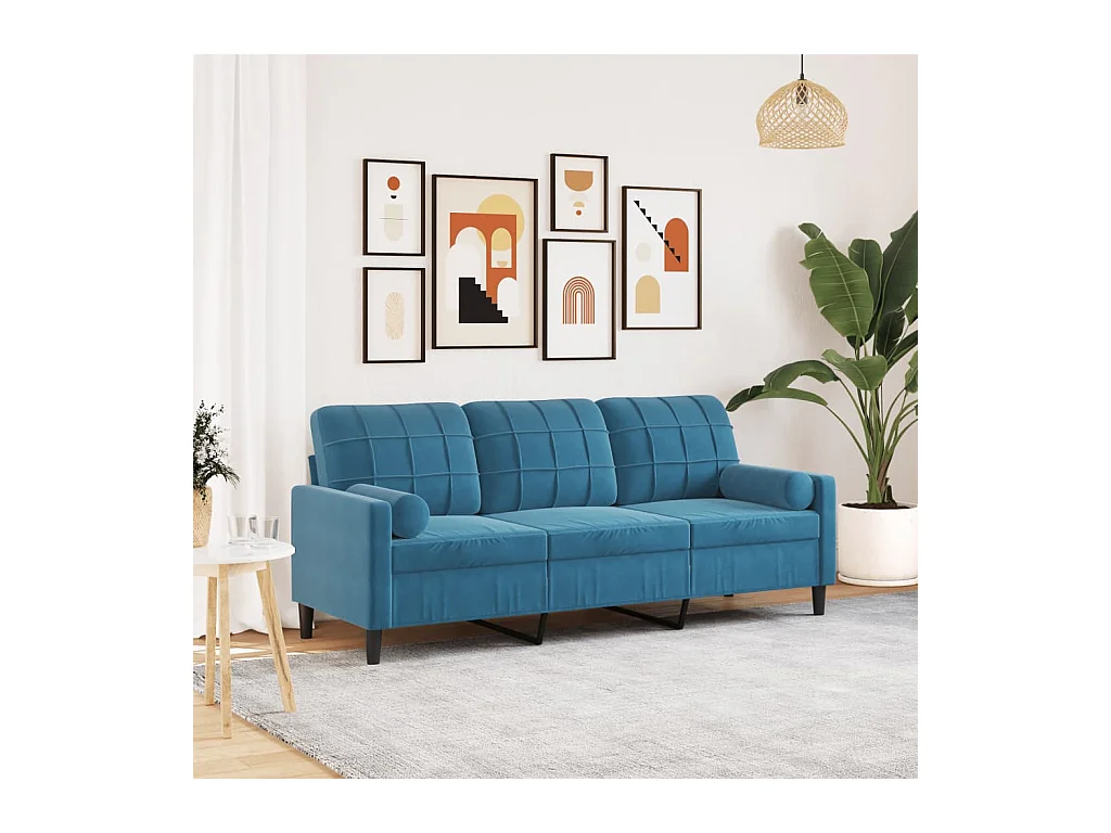 Canapé 3 places avec oreillers décoratifs bleu 180 cm velours