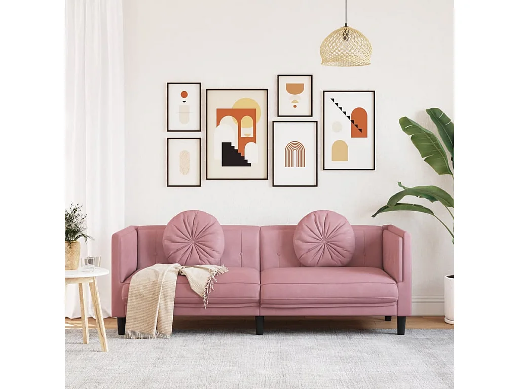Sofá com almofadões 3 lugares veludo rosa