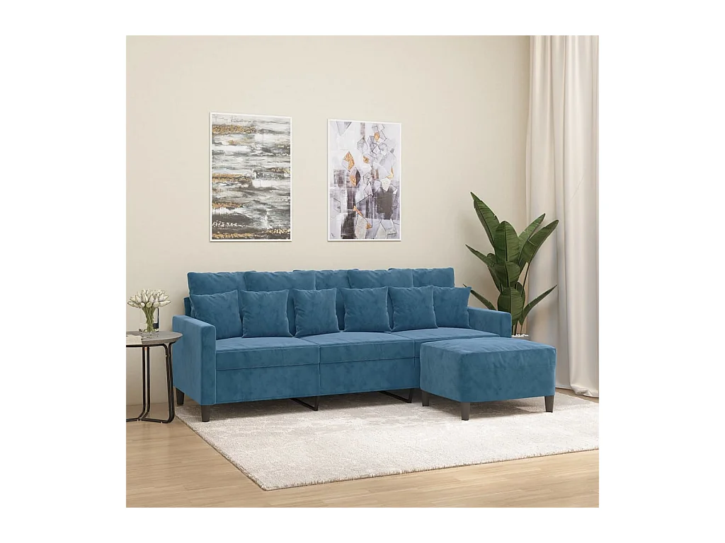 Canapé à 3 places avec repose-pieds Bleu 180 cm Velours