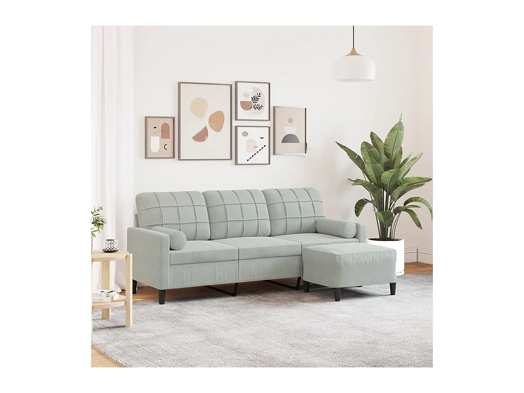 Sofá de 3 plazas con taburete de terciopelo gris claro 180 cm