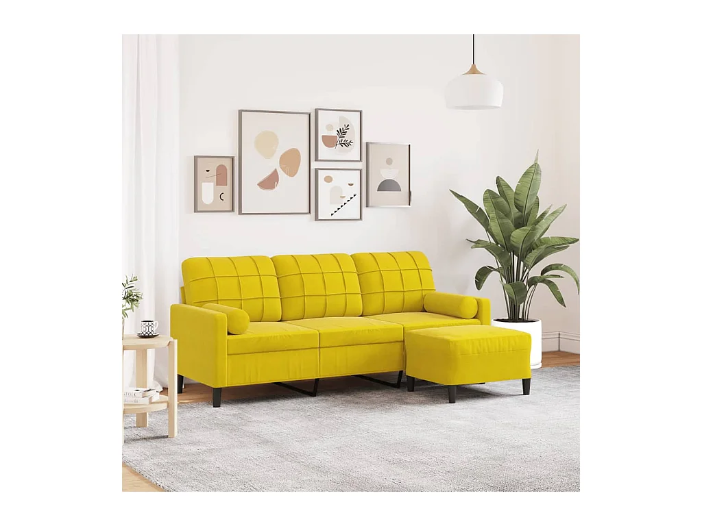 Canapé à 3 places avec repose-pieds jaune 180 cm velours