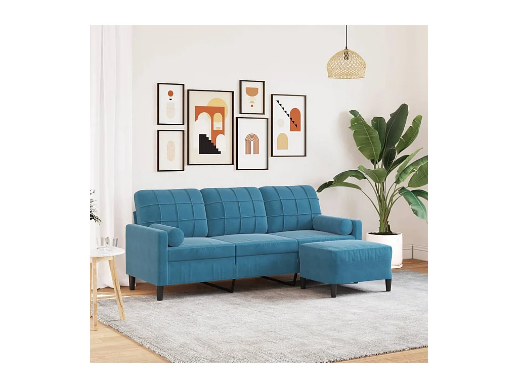 Canapé à 3 places avec repose-pieds Bleu 180 cm Velours