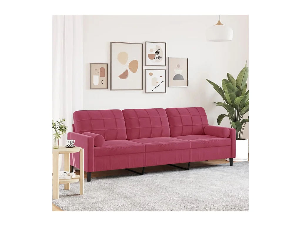 Canapé 3 places avec oreillers bordeaux 210 cm velours