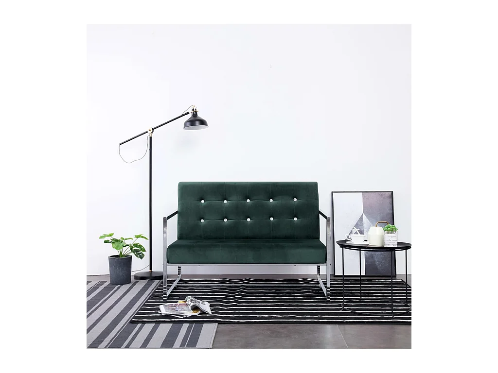 Canapé 2 places avec accoudoirs Vert foncé Chrome et velours