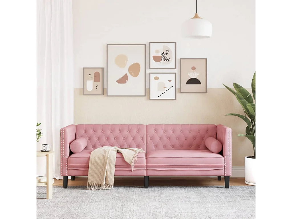 Sofá Chesterfield 3 plazas con cojines terciopelo rosa