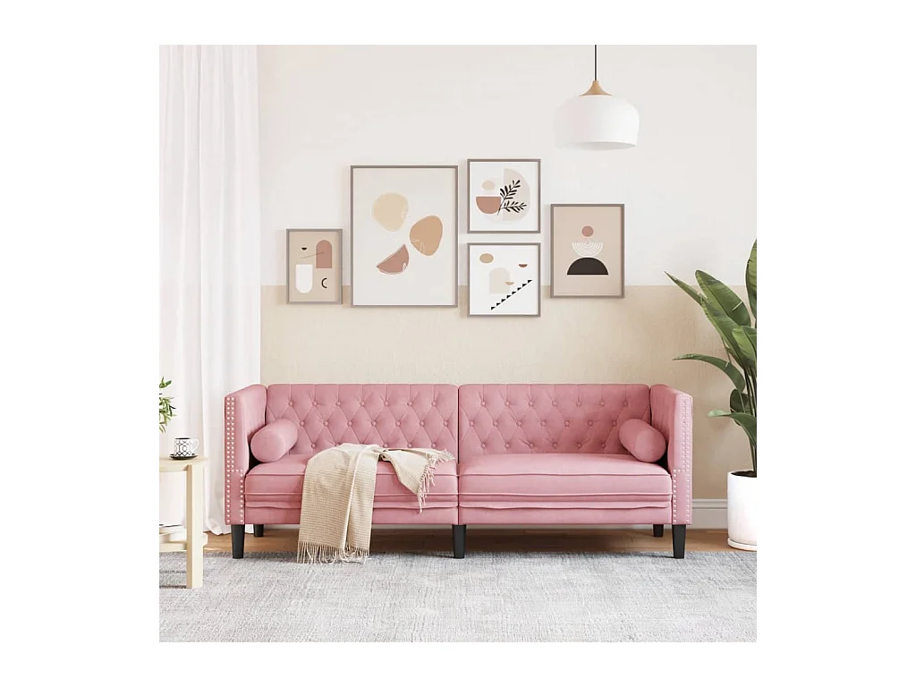 Canapé Chesterfield avec traversins 3 places rose velours