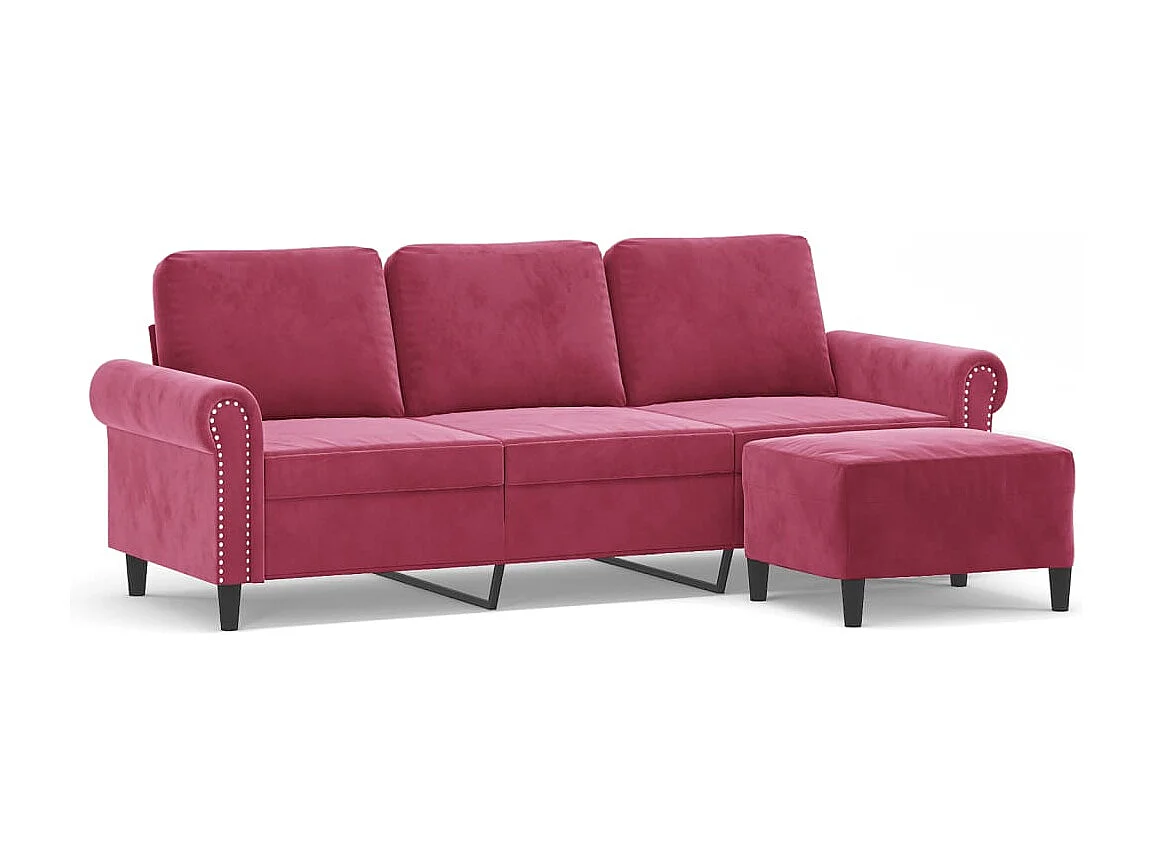 Sofá de 3 plazas con taburete de terciopelo rojo tinto 180 cm