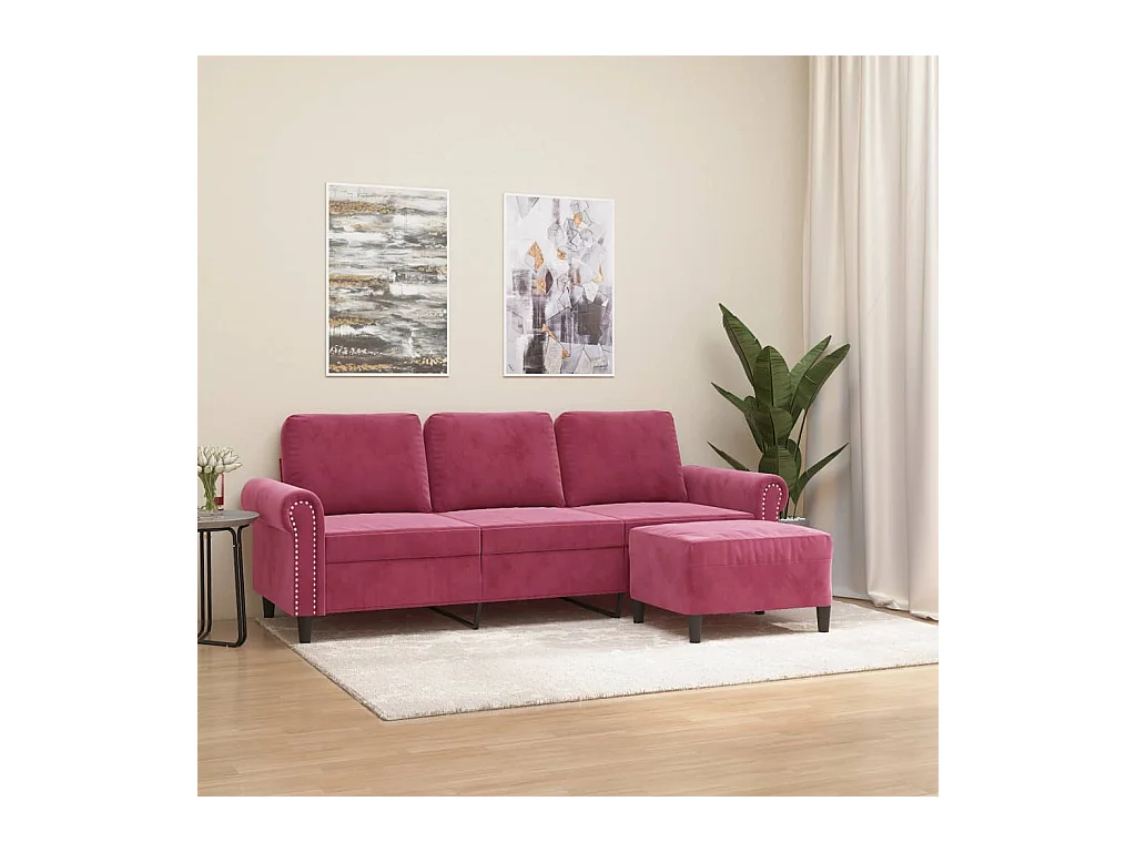 Canapé à 3 places et repose-pieds Rouge bordeaux 180 cm Velours
