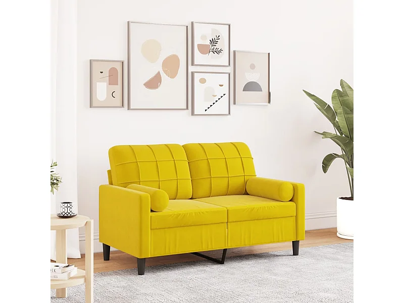 Sofá 2 lugares c/ almofadas decorativas 120 cm veludo amarelo