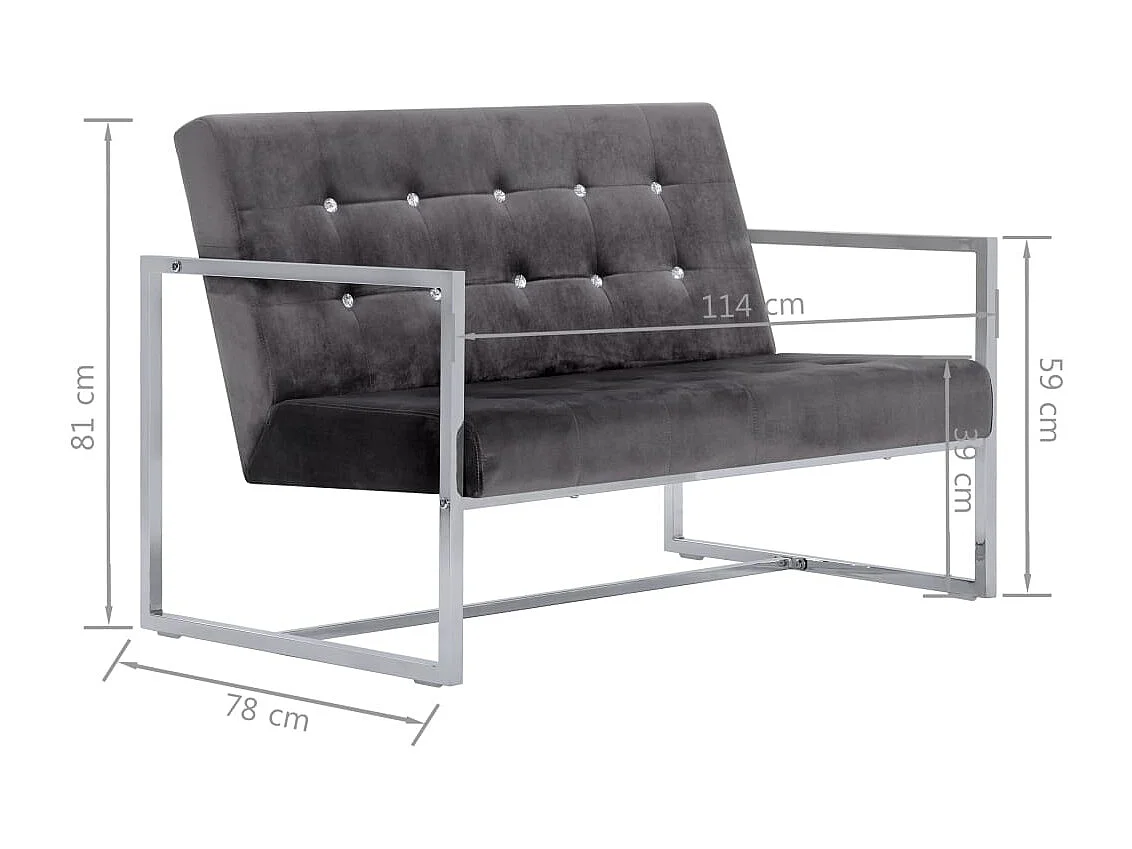 Canapé 2 places avec accoudoirs Gris foncé Chrome et velours