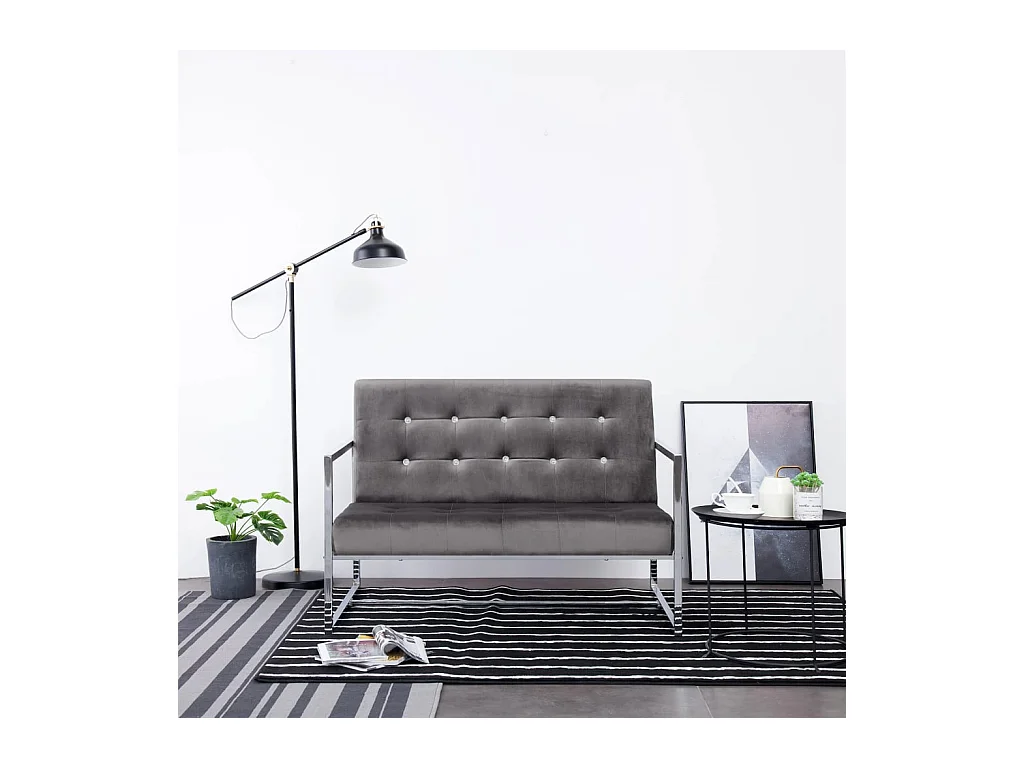 Canapé 2 places avec accoudoirs Gris foncé Chrome et velours