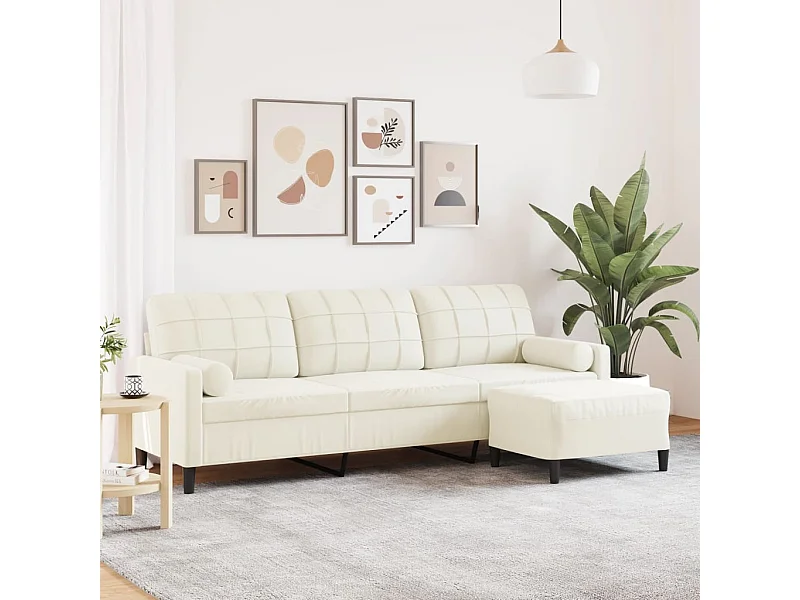 Sofá de 3 lugares com apoio de pés 210 cm veludo cor creme