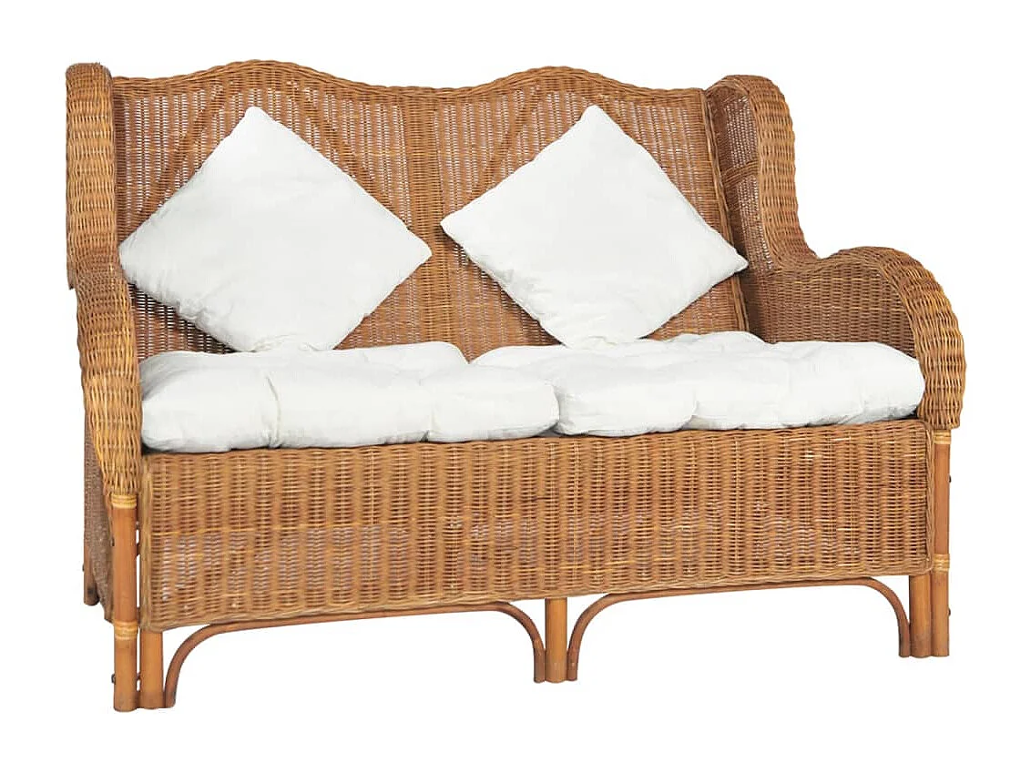 Bank 2-zits natuurlijk rattan en linnen lichtbruin