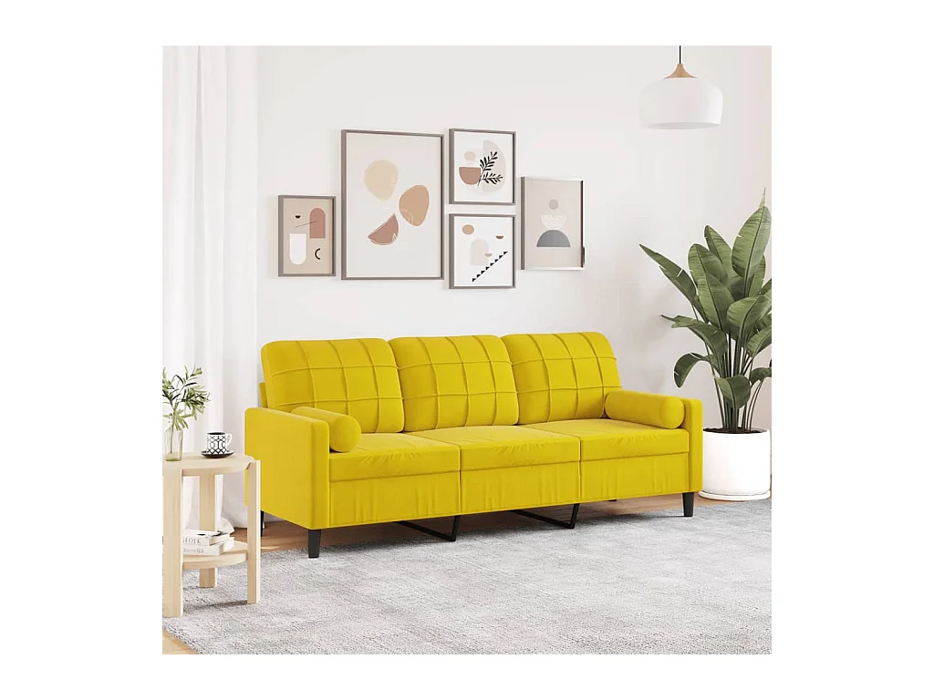 Canapé 3 places avec oreillers décoratifs jaune 180 cm velours