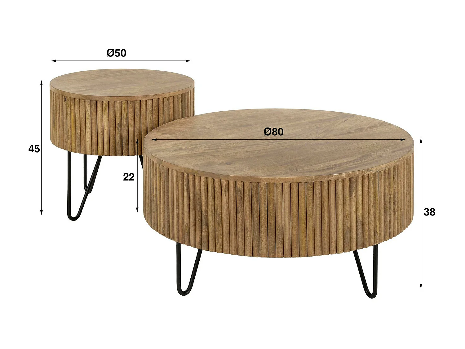 Table basse ronde striée en bois de manguier (lot de 2) CREEK