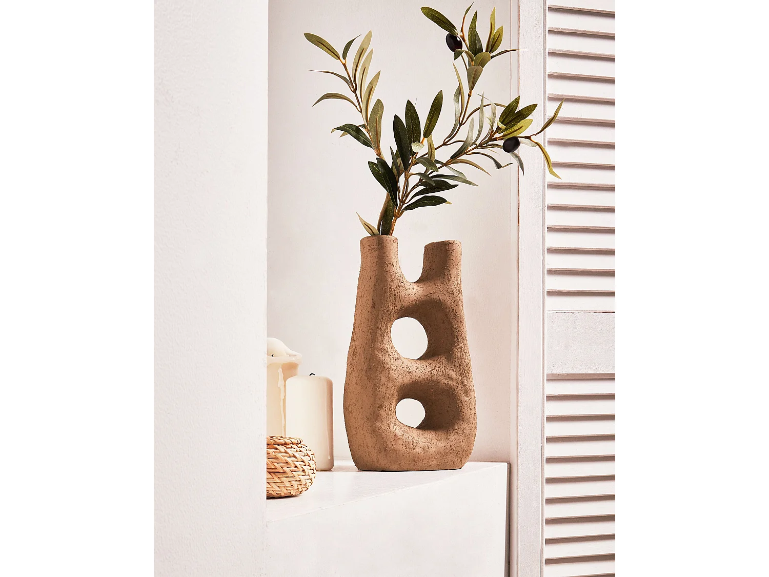 Blumenvase Steinzeug braun mit Löchern 2 Öffnungen 27cm Tischdeko modern Uaru