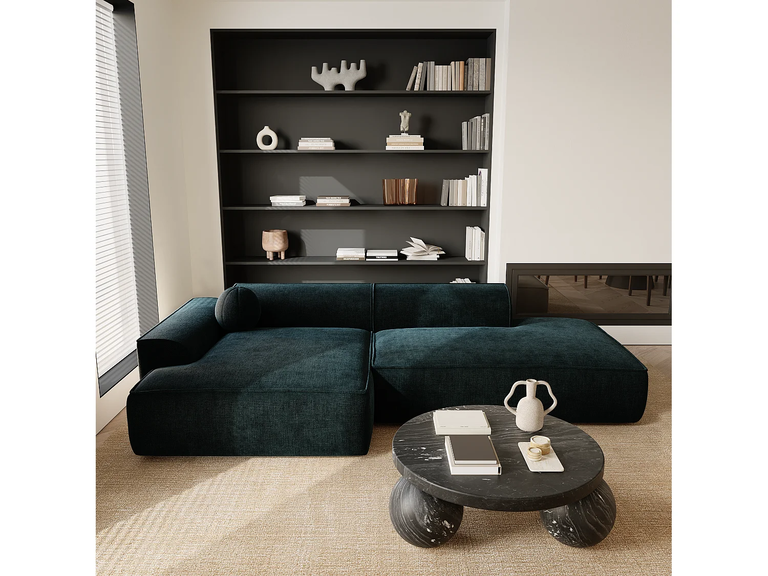 Canapé angle gauche velours bleu paon 260cm  ANIA