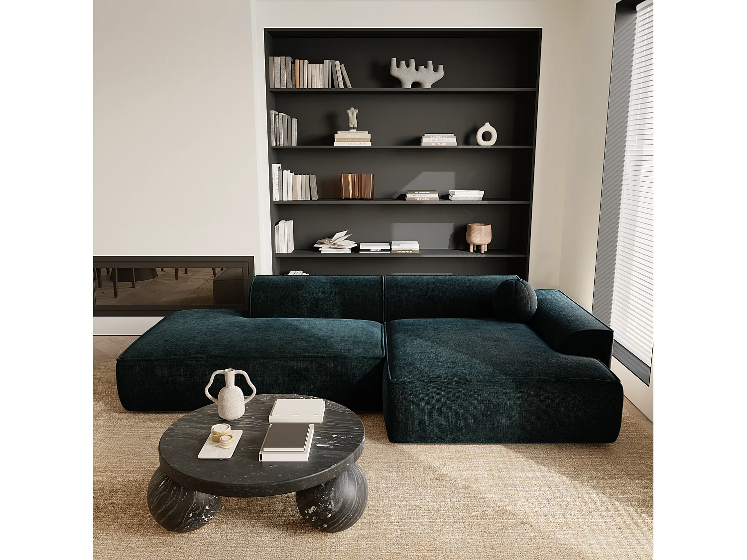 Canapé angle droit velours bleu paon 260cm  ANIA