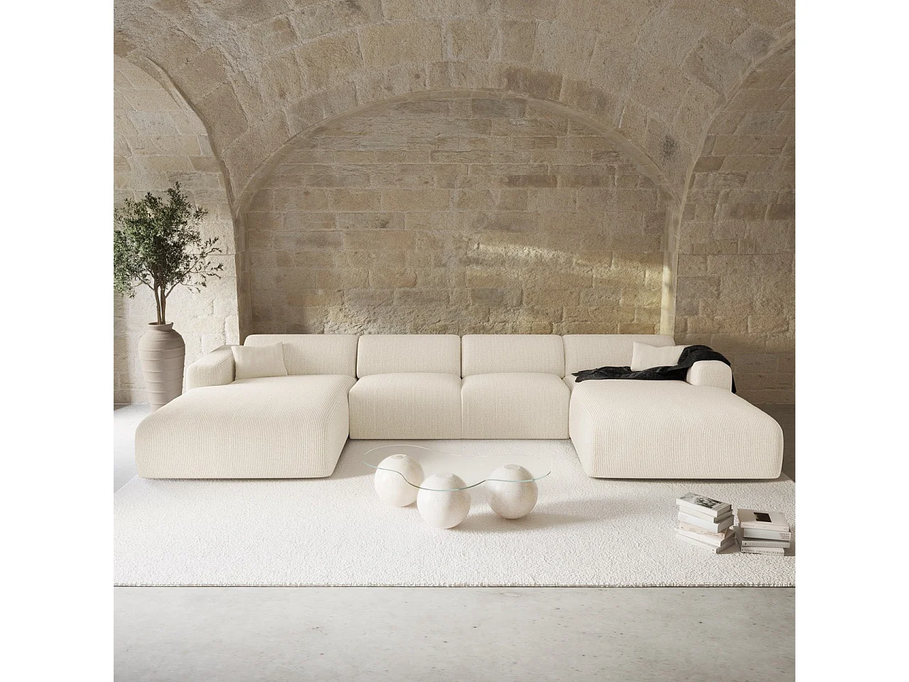 Canapé panoramique 7 places symétrique tissu velours côtelé crème  MYRA