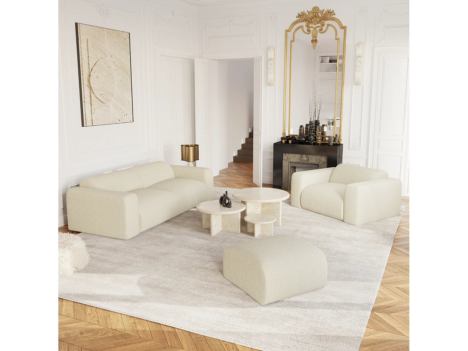 Canapé 4 places velours côtelé crème 240cm MYRA