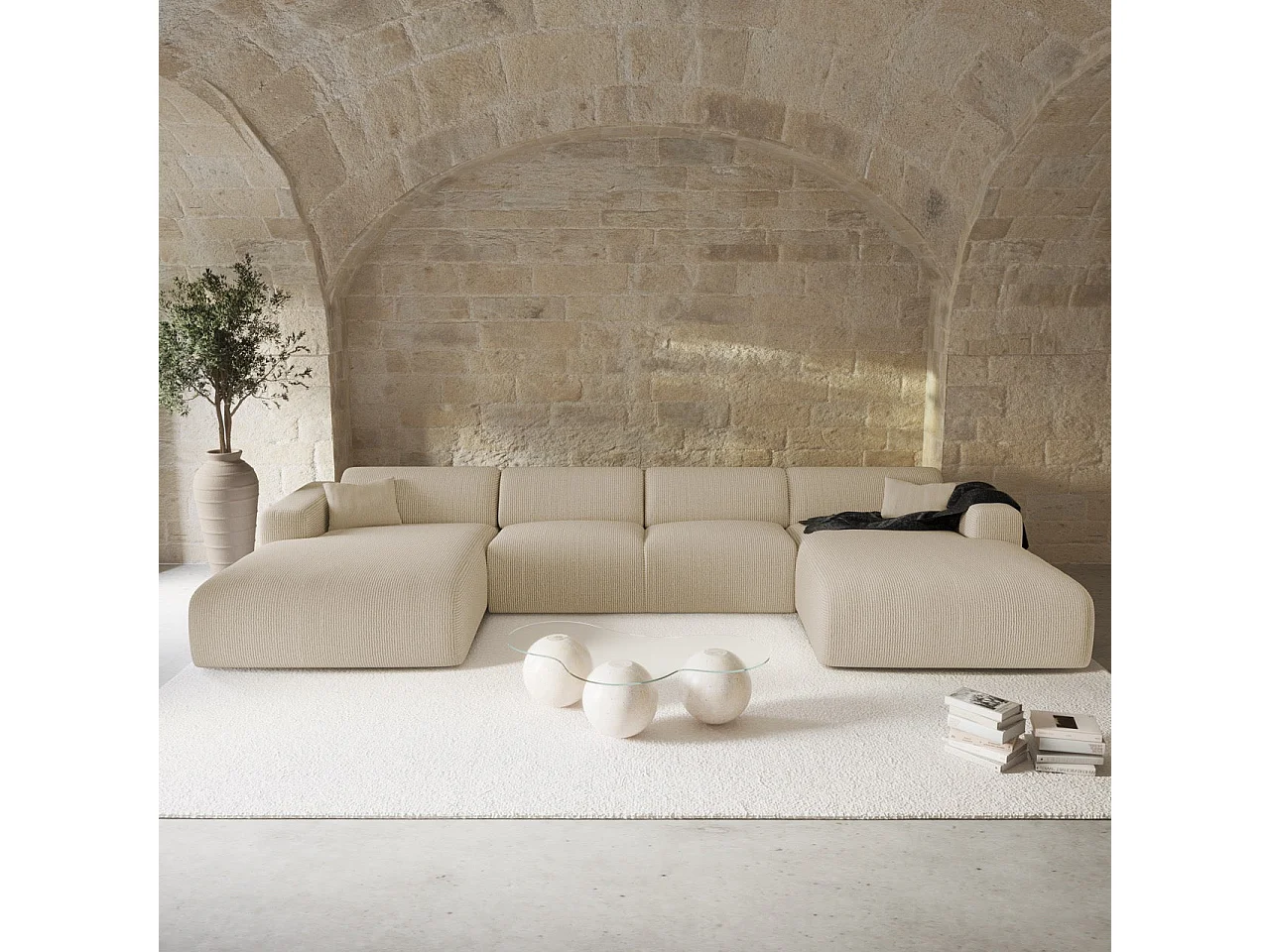 Canapé panoramique 7 places symétrique tissu velours côtelé beige MYRA