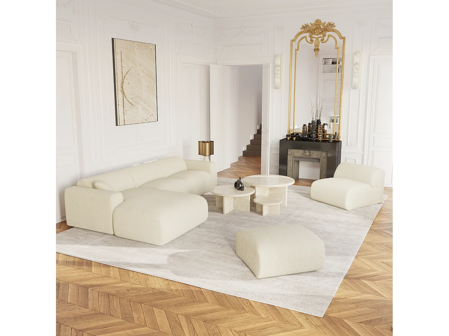 Fauteuil de salon sans accoudoirs velours côtelé crème MYRA