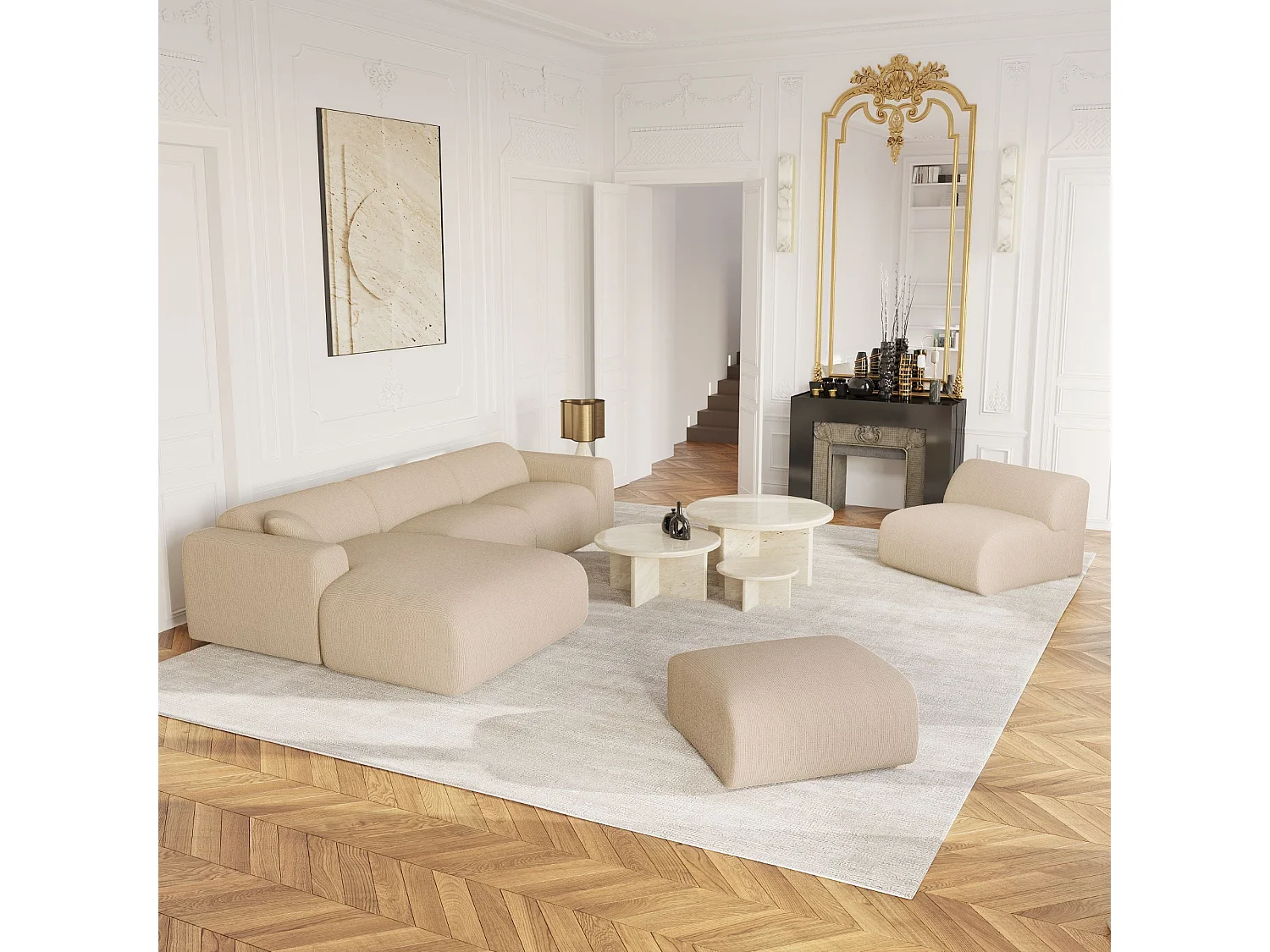 Fauteuil de salon sans accoudoirs velours côtelé beige MYRA