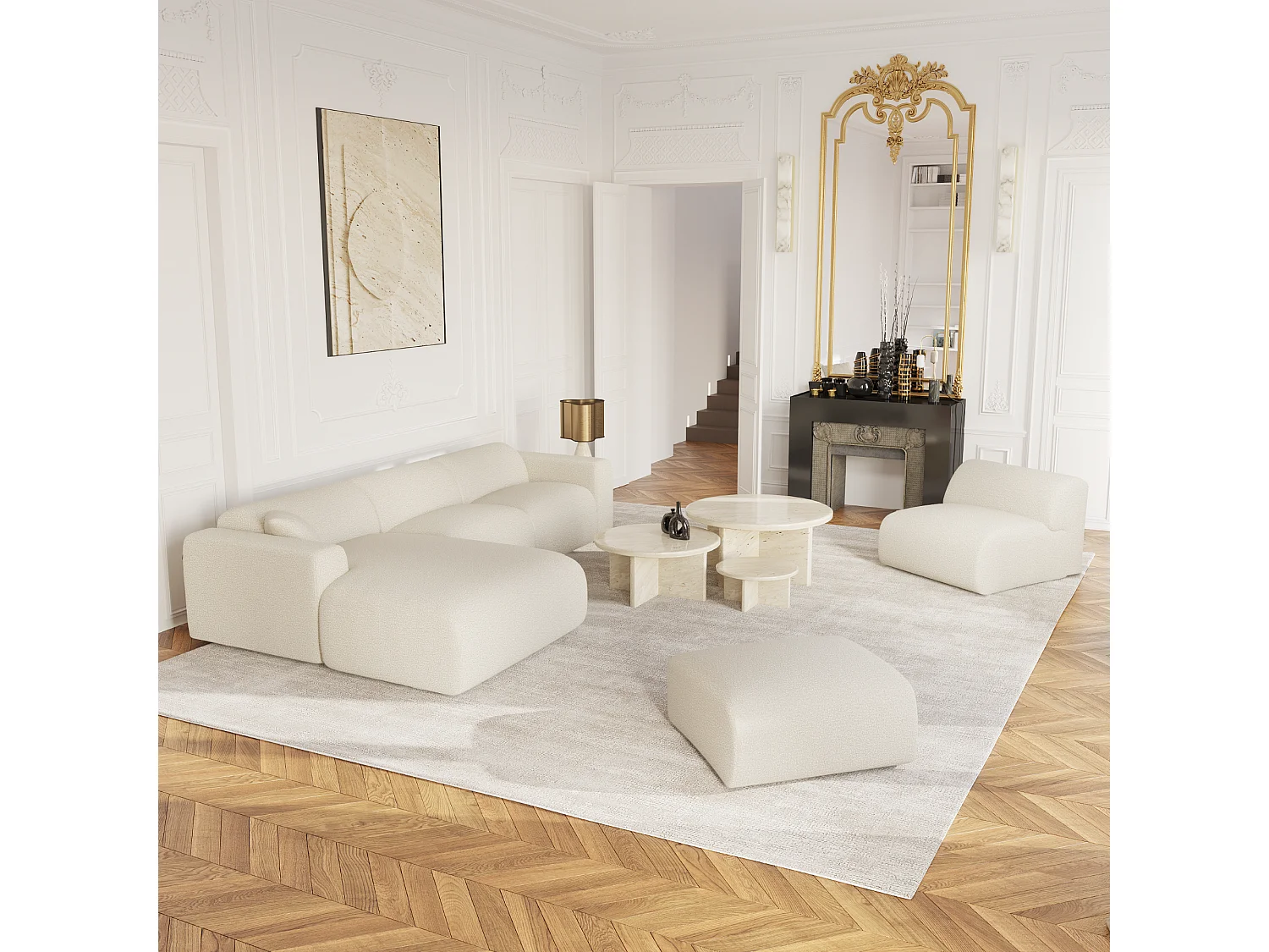 Fauteuil de salon sans accoudoirs en bouclette crème MYRA