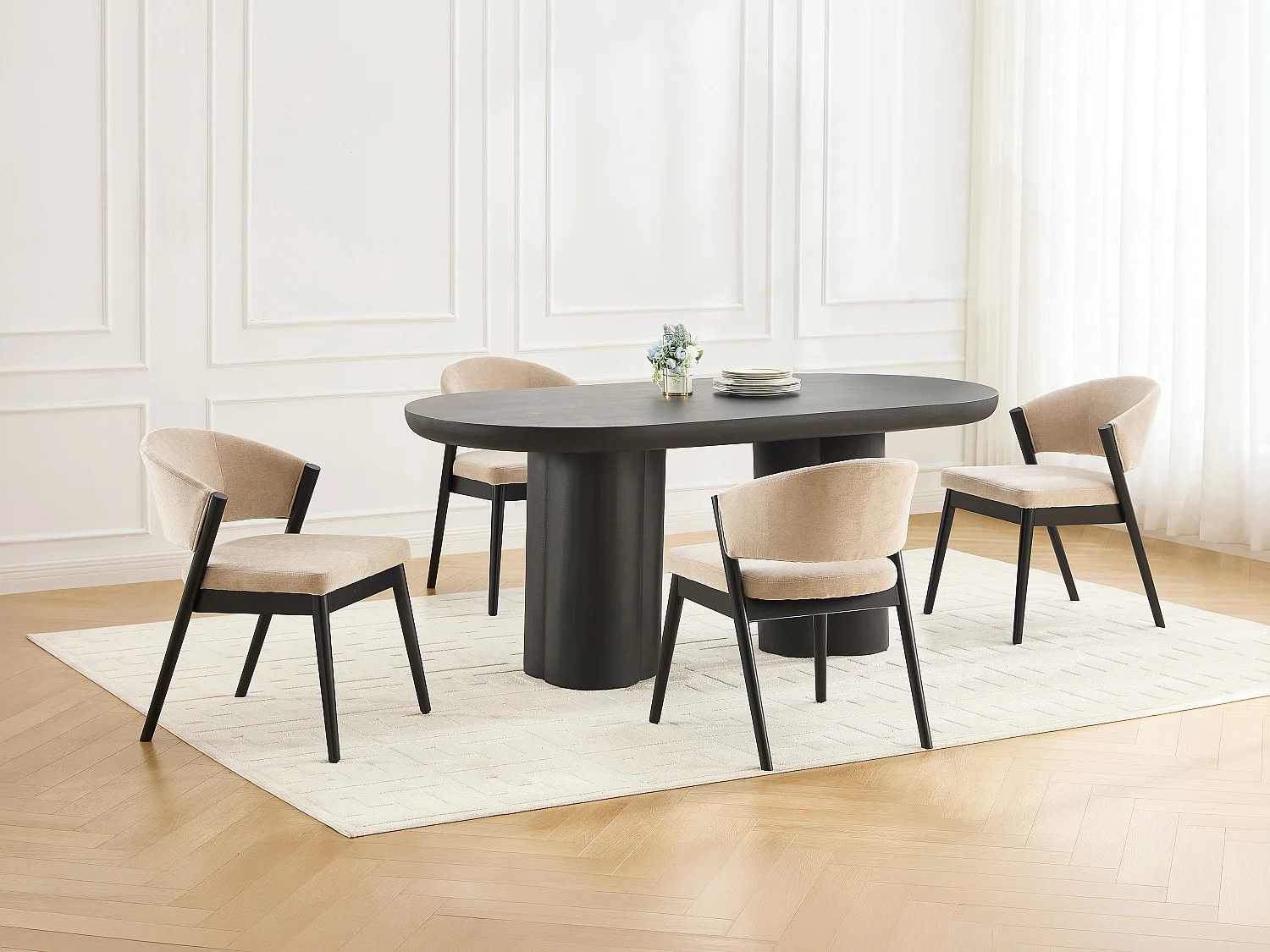 Lot de 2 chaises en tissu et bois d'hévéa noir - Beige - ZELVYN