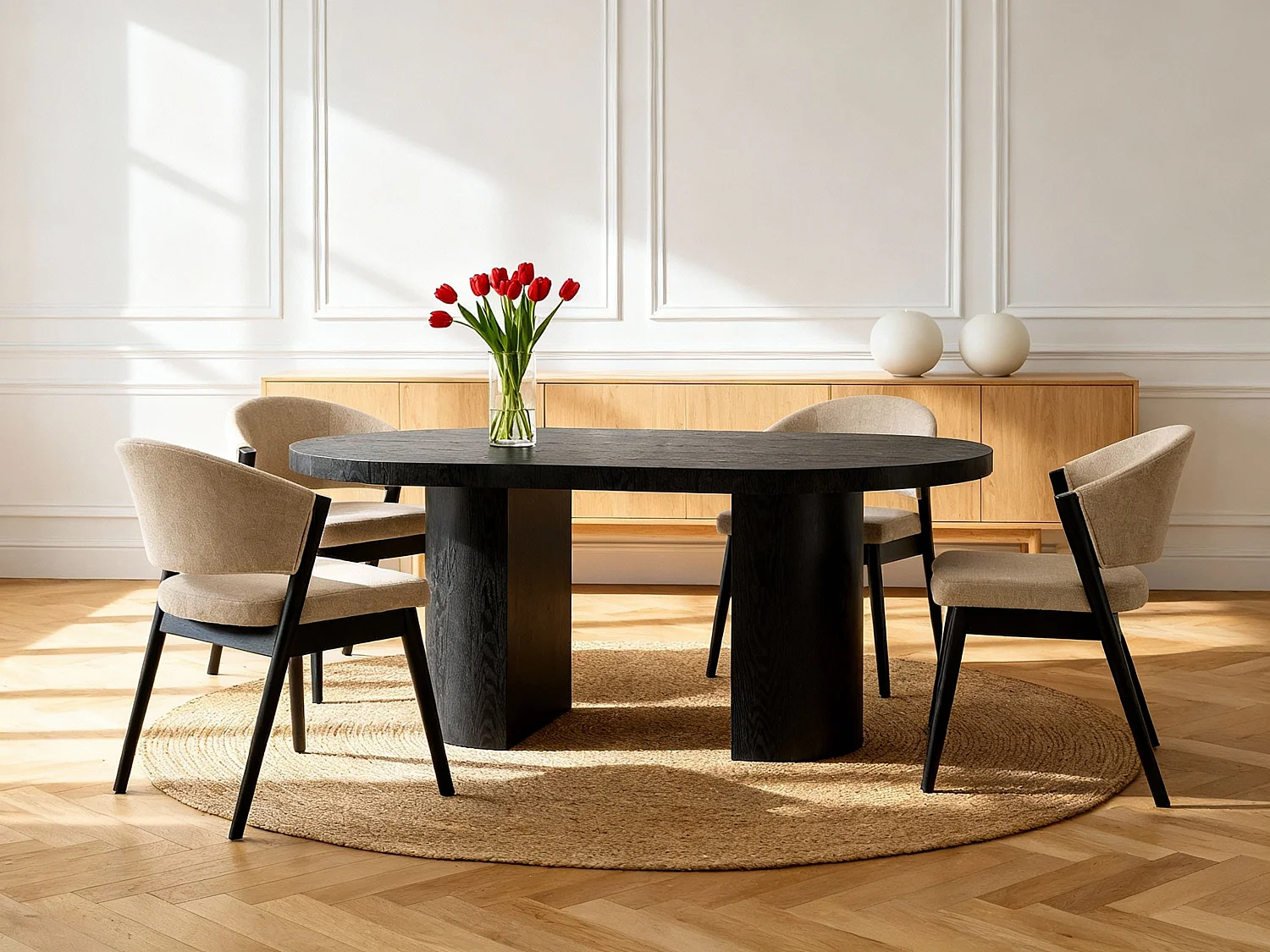 Lot de 2 chaises en tissu et bois d'hévéa noir - Beige - ZELVYN