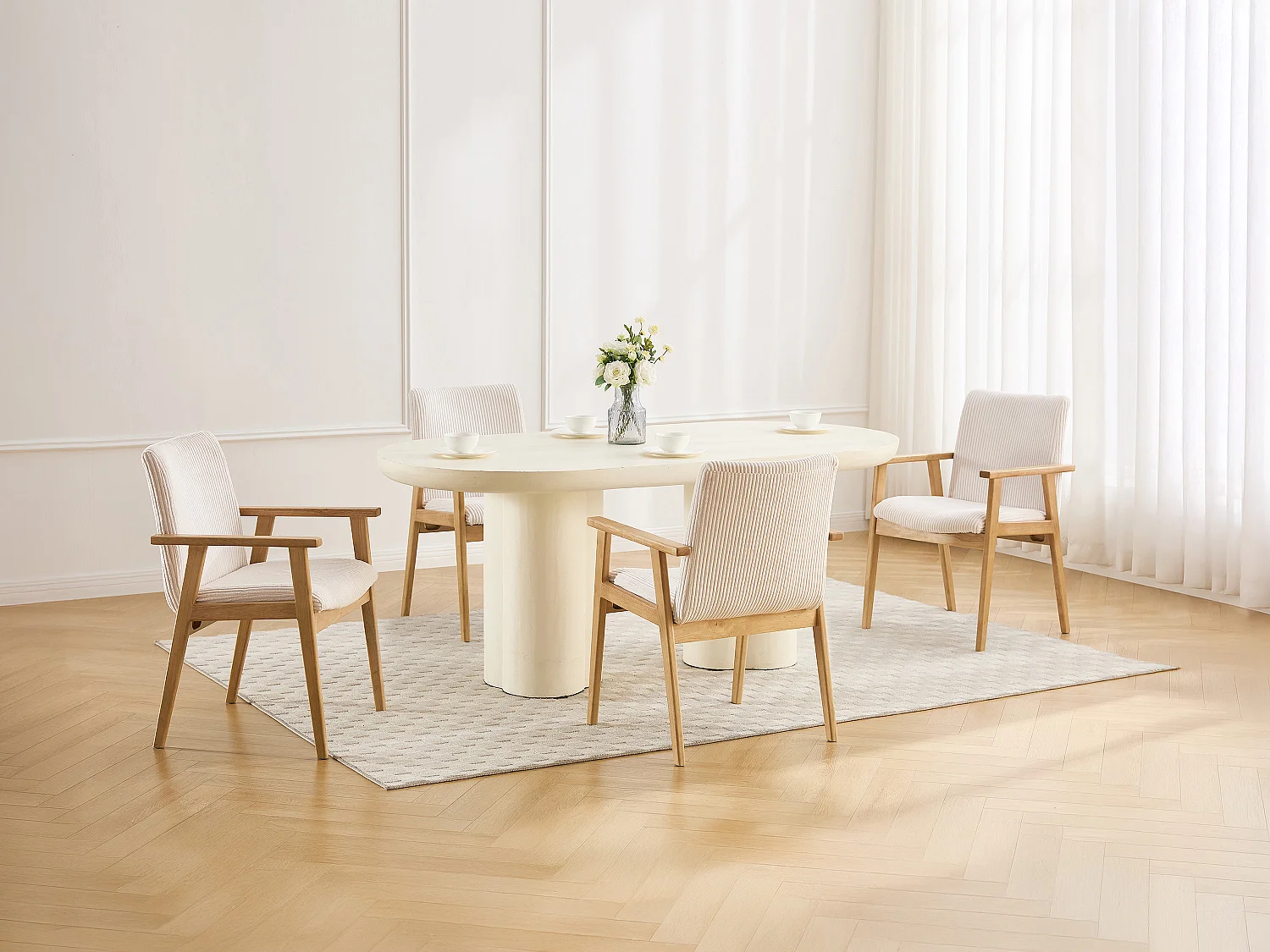 Lot de 2 chaises avec accoudoirs en velours côtelé et bois d'hévéa - Crème - FILDON