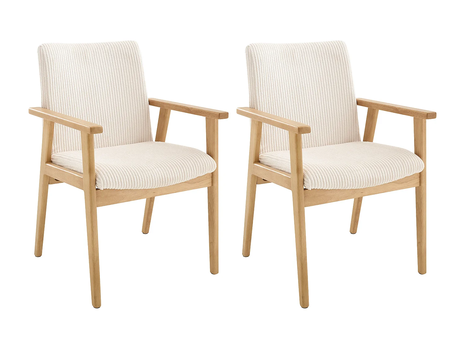 Lot de 2 chaises avec accoudoirs en velours côtelé et bois d'hévéa - Crème - FILDON