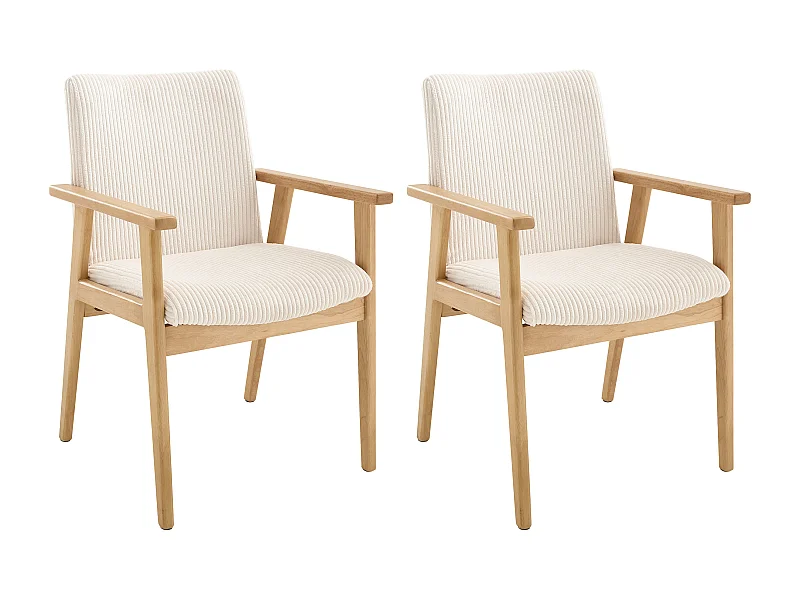 Lot de 2 chaises avec accoudoirs en velours côtelé et bois d'hévéa - Crème - FILDON