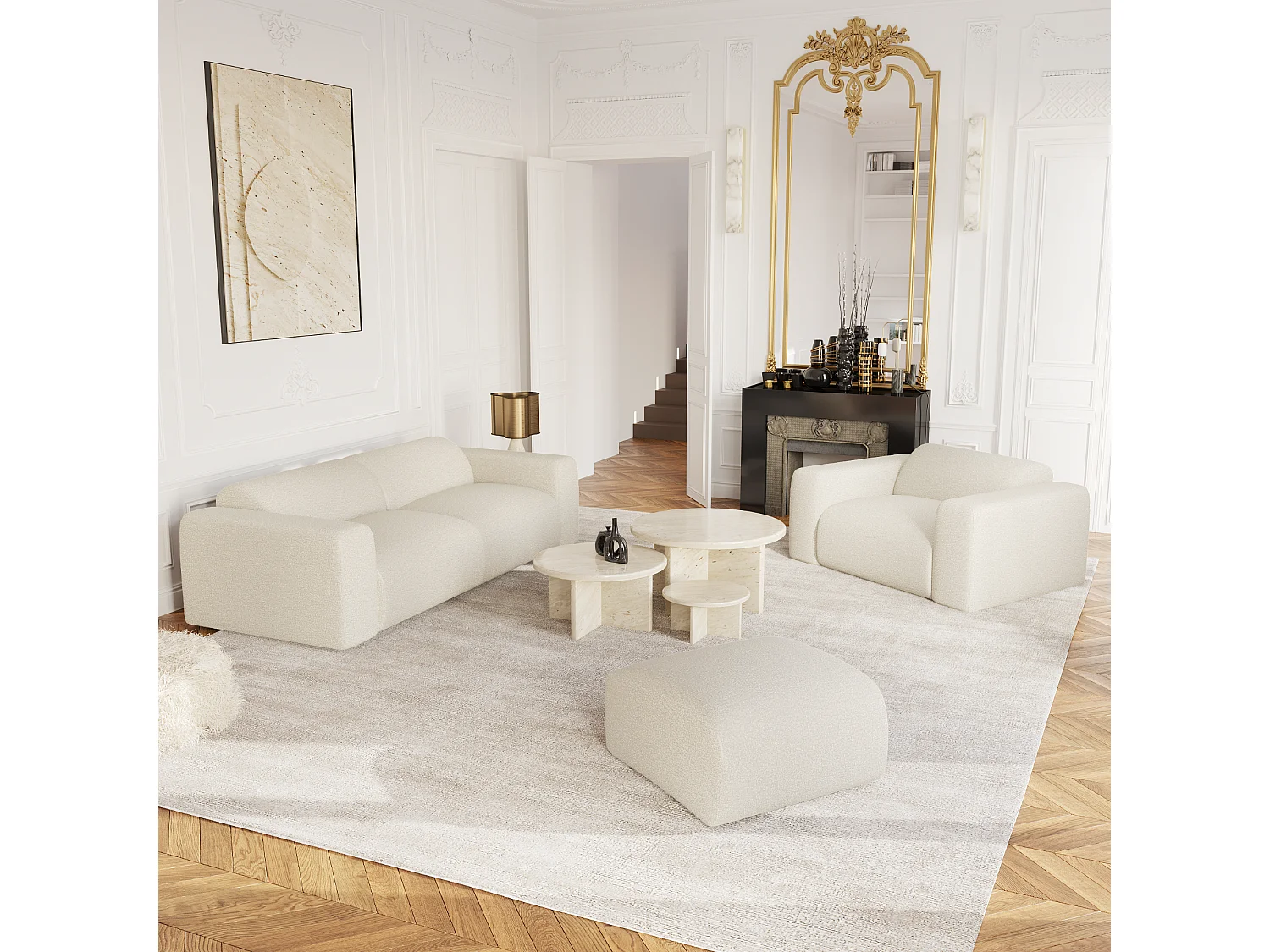 Canapé 4 places en bouclette crème 240cm MYRA