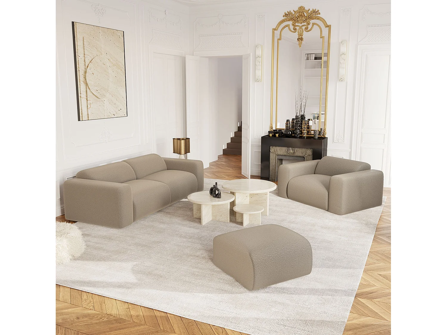 Canapé MYRA 3 places en tissu bouclette taupe